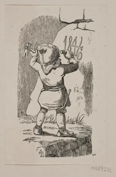 En nisse indhugger årstallet 1846 i en klippe