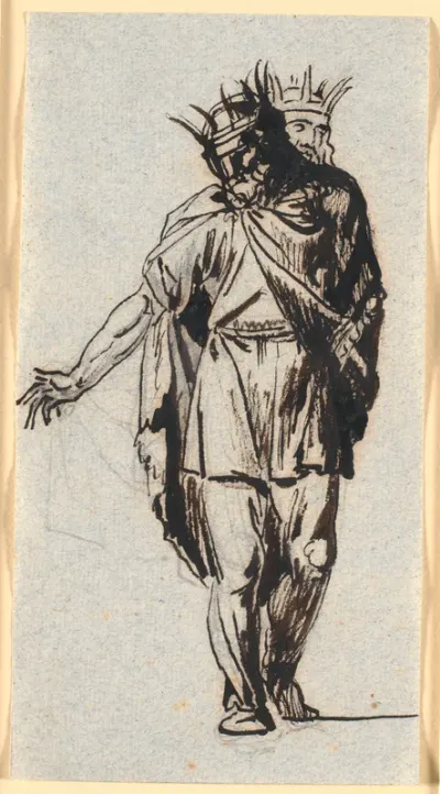 En oldnordisk (?) kongefigur, stående med krone på hovedet
