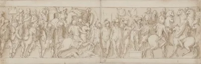 En sarmatisk landsby ødelægges for øjnene af kejseren; barbarer ser til fra et podium; Marcus Aurelius til hest modtager en germansk budbringer til hest