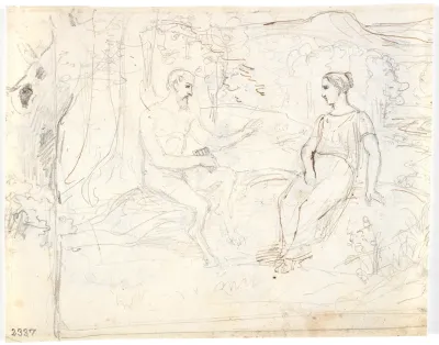 En satyr med fløjte og en ung pige, siddende i en skov