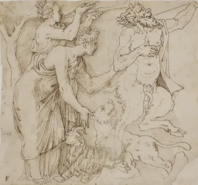 En satyr, to kvinder, en løve og en ged