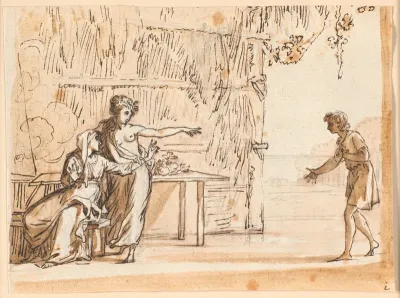 En scene fra Salomon Gessners idyl "Le premier navigateur"