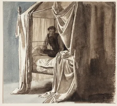 En seng med omhæng. Studie til billedet "Niels Ebbesen og Grev Gert" udstillet 1868