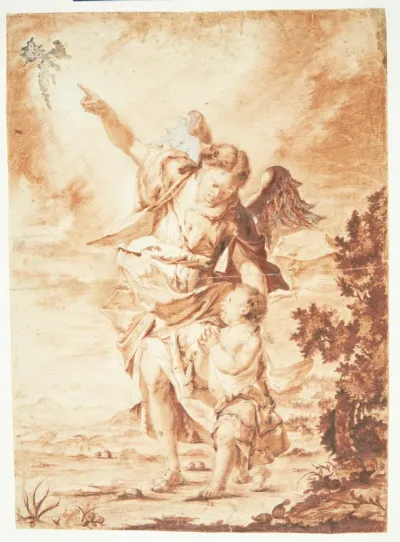 En skytsengel leder et barn, mens den peger mod himlen