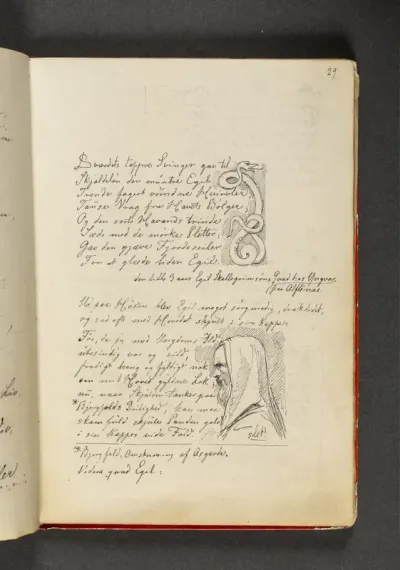 En slange der er snoet som et vikingeornament. Mandsprofil samt vers. Side 29