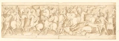 En soldat; germanske ryttere føres til Marcus Aurelius; sarmaterne drives på flugt af romerne; romere på march med følge