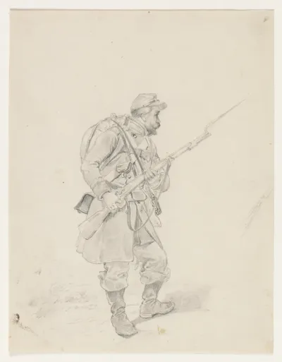 En soldat med fældet bajonet. Profil t.h.