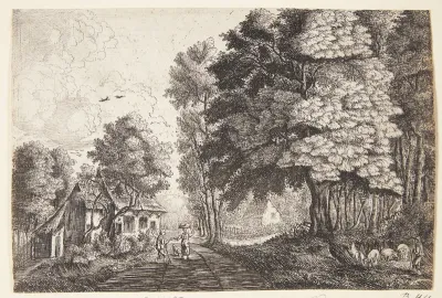 En vej med to figurer ved et skovbryn, t.h. en hyrde med sine dyr