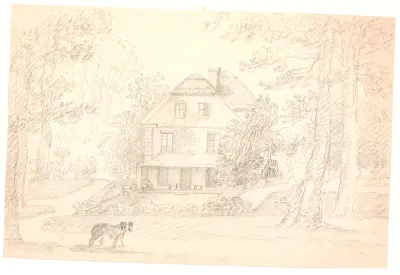 En villa med dobbelttrappe set fra gavlen, beliggende i en park. Sølyst, Klampenborg