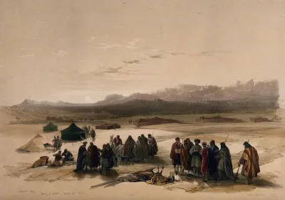 Encampment in the desert, with Mount Seir in the distance, Wady Arabah