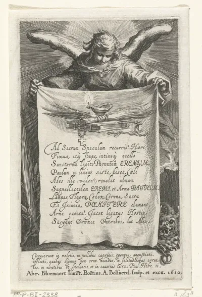 Engel houdt doek vast waarop titel Ad sacrum speculum