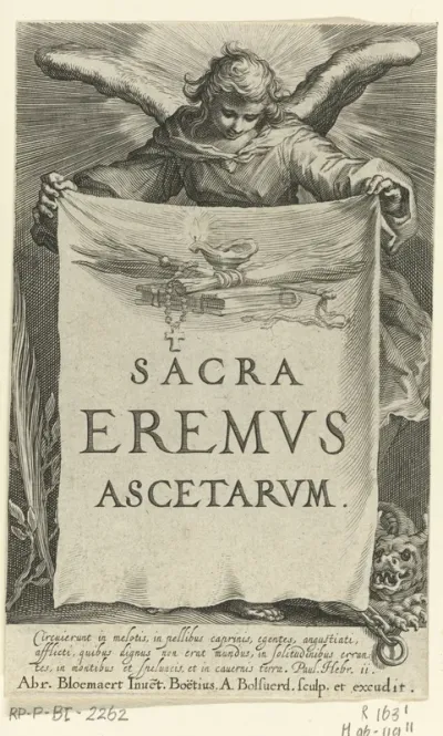 Engel houdt doek vast waarop titel Sacra eremvs ascetarvm