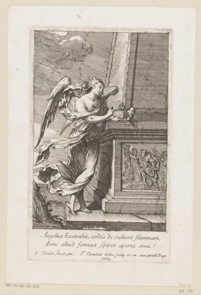Engel leunend tegen het onderstel van obelisk met een pijl en een hart in zijn hand
