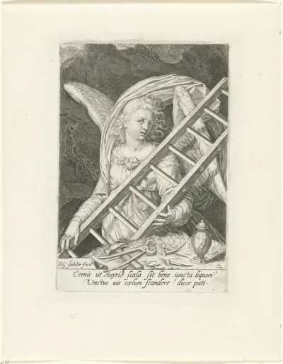 Engel met de ladder, hamer, spijkers en zalfpot