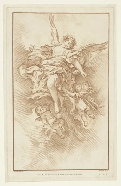 Engel met drie putti in wolken