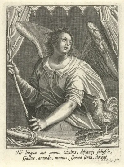 Engel met haan, doornenkroon en rietstengel
