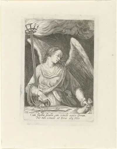 Engel met het zwaard van Petrus, de geldbuidel van Judas en een toorts