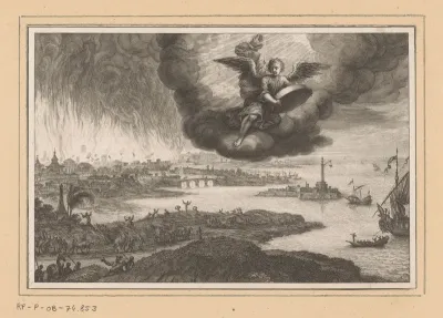 Engel met rad in handen boven een brandende stad aan de zeekust