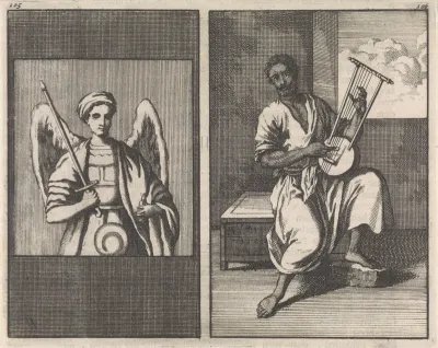 Engel met zwaard / Moor bespeelt vijfsnarig instrument