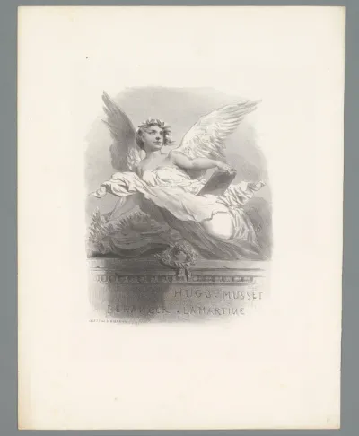 Engel zwevend boven een monument voor Victor Hugo, Alfred de Musset, Pierre-Jean de Béranger en Alphonse de Lamartine