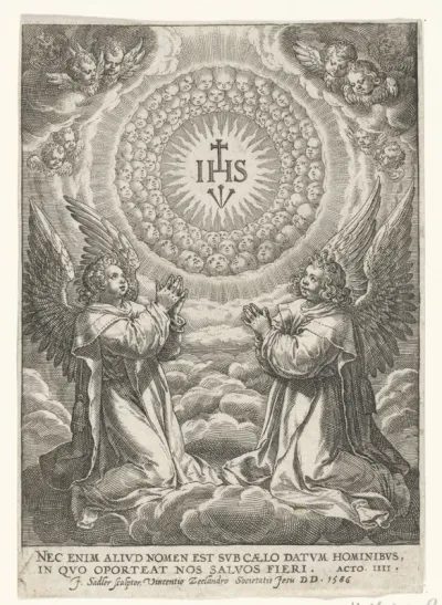 Engelen aanbidden het monogram van Christus