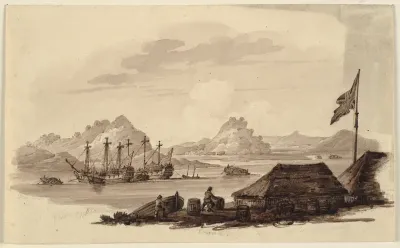 Engelske krigsskibe og Tanka 'egg-boats' i Whampoa, Canton, en dybhavsred ved den kinessiske kyst