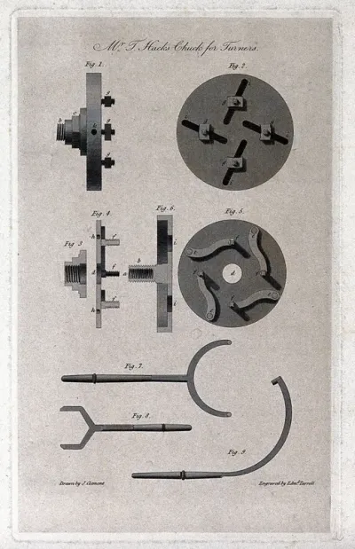 Engineering: a centring chuck mechanism for a lathe, elevations, cross-section, and details