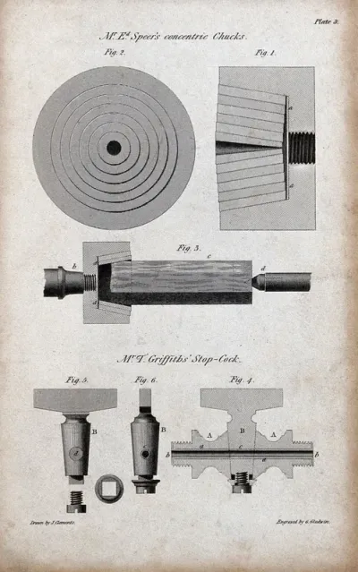 Engineering: a chuck for a lathe, and a stopcock