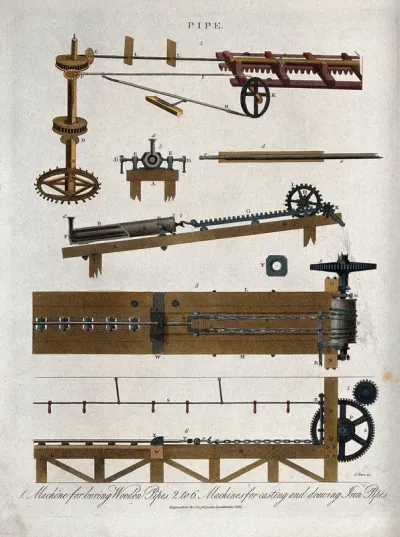Engineering: a drill for boring wooden pipes (above), and a casting bench for iron pipes (below)
