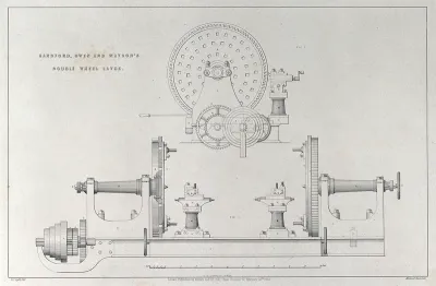 Engineering: a lathe with two wheels (front elevation and side elevation)