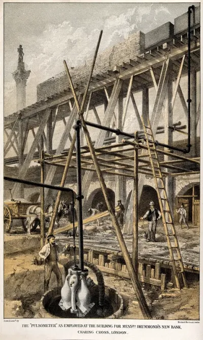 Engineering: a steam-driven pump in use on a building site in Spring Gardens, Charing Cross