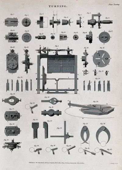Engineering: a treadle-operated lathe, and an assortment of tools for turning