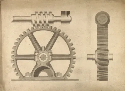 Engineering: a worm gear and spur gearwheel, side and end elevations