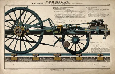 Engineering: driving wheels of a railway locomotive, and section of piston
