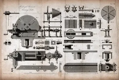 Engineering: Joseph Clement's constant-speed facing lathe, elevation, plan, and details