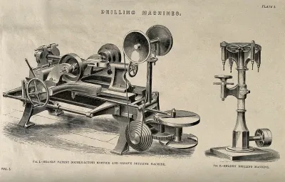 Engineering: three-quarter views of two drilling machines, one with multiple heads