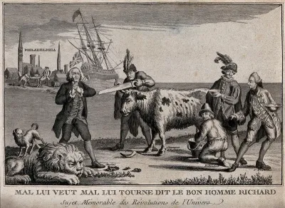 English commerce is shown as a cow milked by the Dutch, the horns sawn off by the Americans and its milk drunk by the French and the Spanish, while an Englishman wrings his hands at this distressing sight