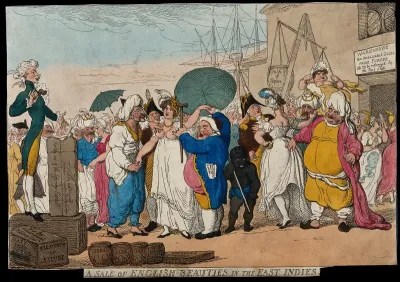 English courtesans being sold at auction to British and Asian men in a port controlled by the East India Company