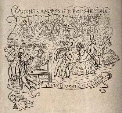 Englishmen smoking in a city street, thereby causing a nuisance to women