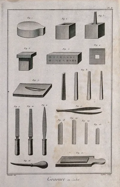 Engraving tools, punches, files, an anvil etc., for cutting seals