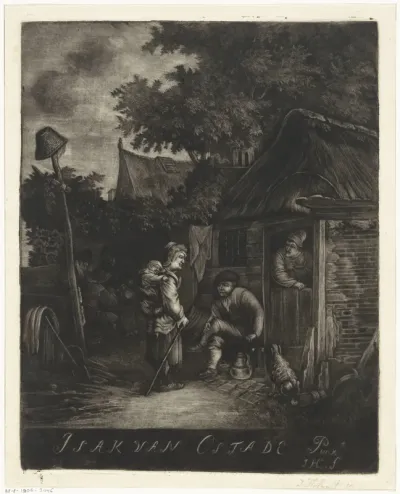 Enkele personen bij een boerderij
