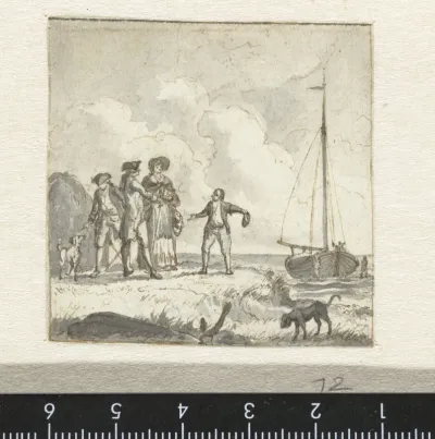 Enkele personen bij een boot aan de kust
