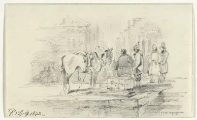 Enkele personen bij een paard op straat