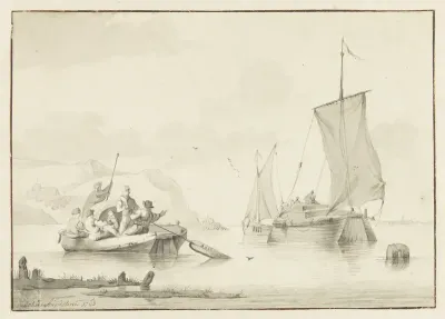 Enkele schuiten nabij een kust