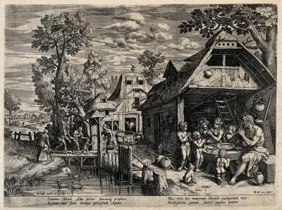 Enoch and his family praying before taking a frugal meal outside a farm building while a woman gives alms to poor and lame people who approach the farm