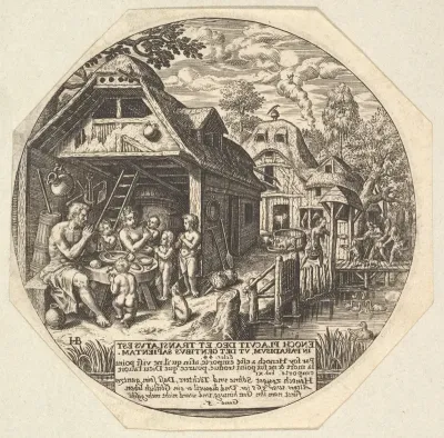 Enoch and his family surrounding a meal table and holding their hands in a gesture of prayer; behind them is the open end of house; to the right a woman hands out bread to a child, young man, and old man