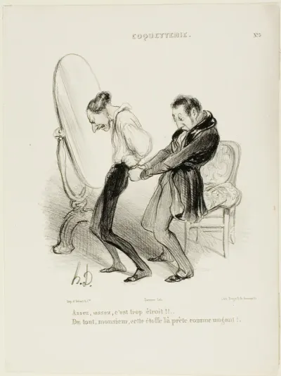 “- Enough, enough, it's much too tight!! - But not at all, Monsieur, this fabric suits you like a glove!”, plate 5 from Coquetterie