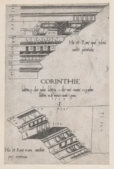 Entablatures from Santa Pudenziana and the Arch of Camigliano, from "Speculum Romanae Magnificentiae"