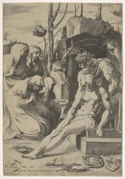 Entombment of Christ, whose chest is grasped by Joseph of Arimathea, with two kneeling and two standing female mourners at left and crown of thorns at bottom right