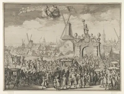 Entrance of William III into The Hague (Inhaling van S.K. Maj. aende Westeynder brug door de E.A. Magistraet van s'Gravenhage / Reception de sa Majesté au pont du Westende) from Bidloo, Inkomste van Koning Willem III